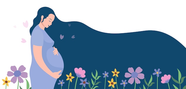 Feliz mujer embarazada con cabello largo está de pie y abrazando su vientre. Ilustración de dibujos animados de vector.