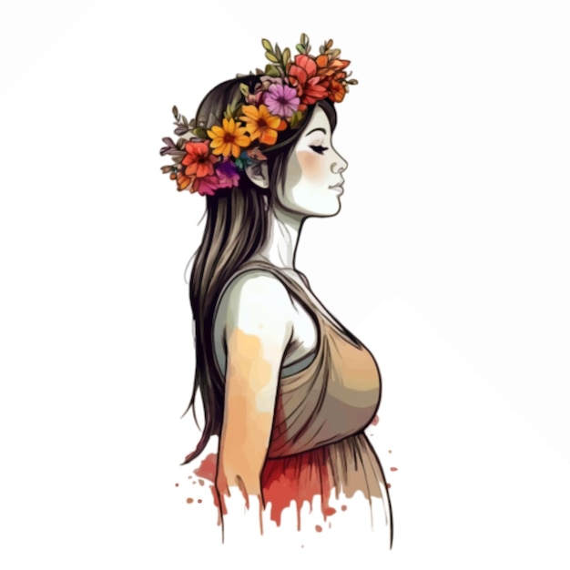Vector feliz mujer embarazada con una corona de flores ilustración vectorial de fondo blanco