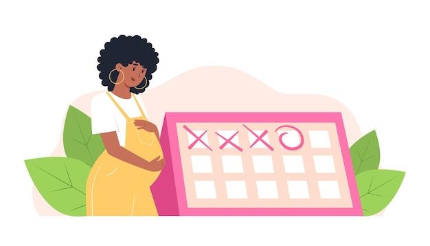 Vector feliz mujer embarazada se encuentra cerca del calendario, cita planificada con un obstetra-ginecólogo