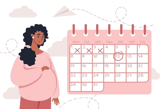 Vector feliz mujer embarazada se encuentra cerca del calendario