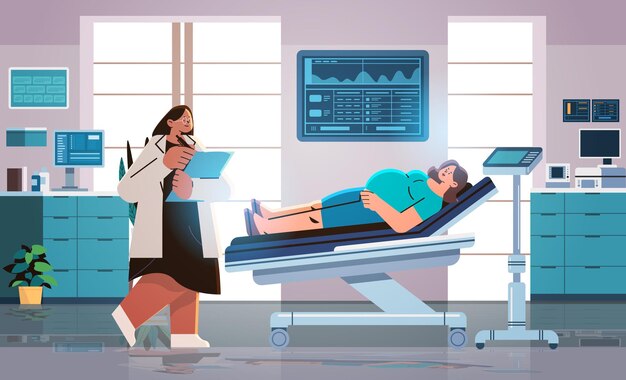 Feliz mujer embarazada visitando médico embarazo maternidad expectativa consulta ginecología concepto hospital moderno