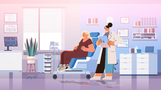 Feliz mujer embarazada visitando médico embarazo maternidad expectativa consulta ginecológica concepto moderno hospital interior vector ilustración