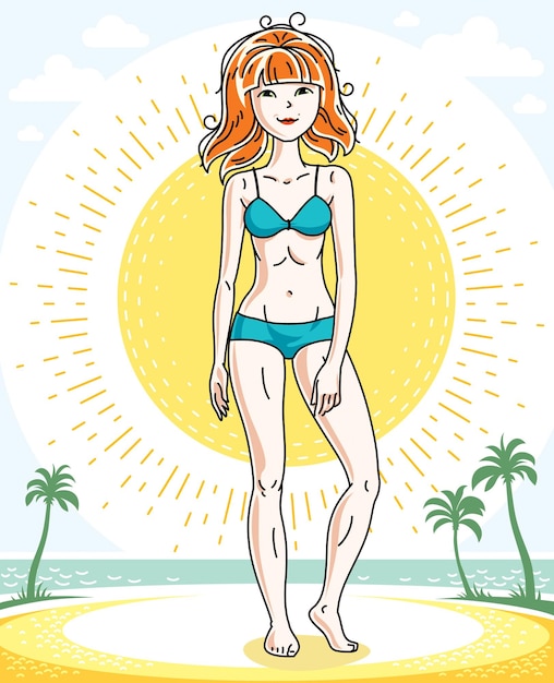 Feliz mujer pelirroja bastante joven de pie en la playa tropical con palmeras y vistiendo traje de baño. Carácter vectorial.