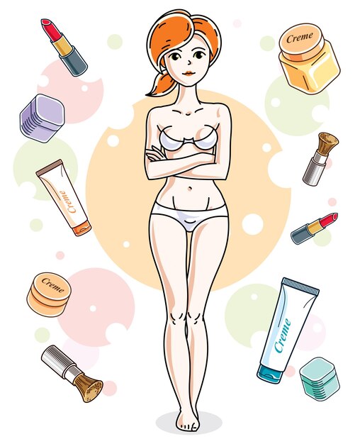 Feliz mujer pelirroja bastante joven en ropa interior de pie sobre un fondo colorido con accesorios cosméticos como lápiz labial, colorete y crema. carácter vectorial.