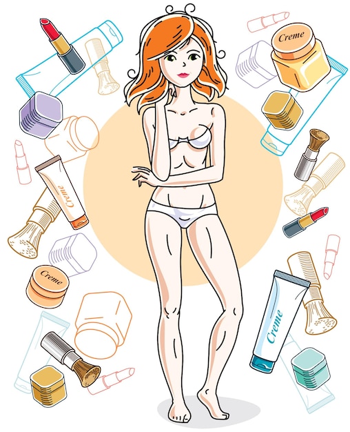 Vector feliz mujer pelirroja bastante joven en ropa interior de pie sobre un fondo colorido con accesorios cosméticos como lápiz labial, colorete y crema. carácter vectorial.