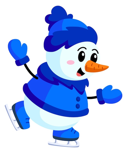Feliz muñeco de nieve patinaje sobre hielo mascota de invierno de dibujos animados