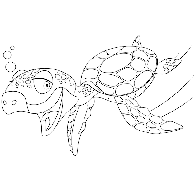 Feliz natación de tortugas marinas. página del libro de colorear de dibujos animados para niños.