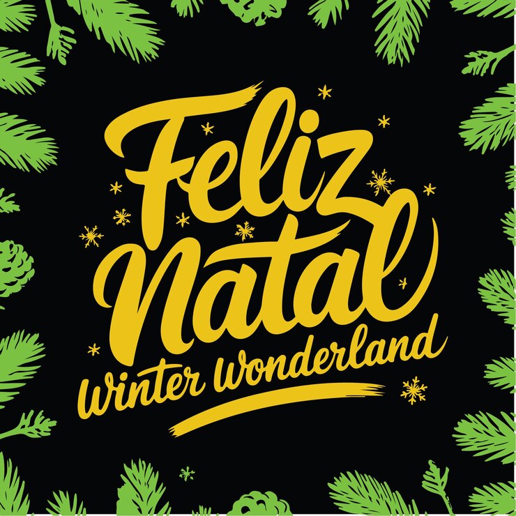 Vector feliz natal lengua portuguesa letras dibujadas a mano invierno feliz árbol de navidad ilustración vectorial