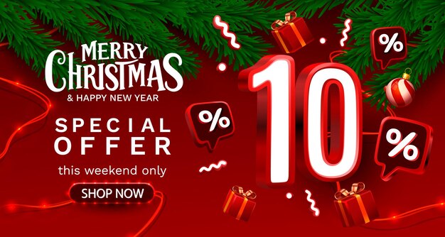 Feliz Navidad 10 por ciento de descuento venta de pancartas y carteles ilustración vectorial