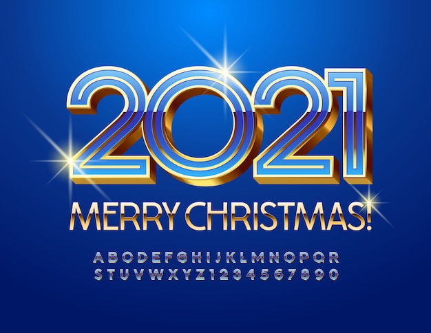 Feliz navidad 2021. fuente azul brillante y oro. números y letras del alfabeto 3d.