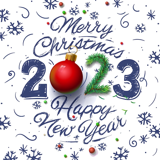 Feliz Navidad 2023 Dibujo a mano número ornamental y texto y copos de nieve de garabatos sobre fondo blanco