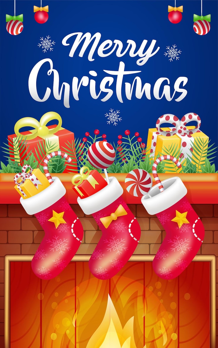 Vector feliz navidad 3d ilustración de calcetines rojos regalos dulces y hogueras en un ambiente cálido