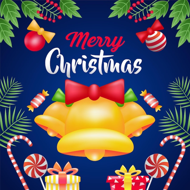 Feliz Navidad 3d ilustración de campanas dulces y regalos