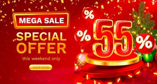 Feliz Navidad 55 por ciento de descuento Composición creativa Venta banner y cartel Vector
