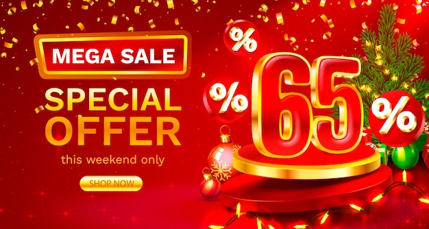 Feliz Navidad 65 por ciento de descuento Composición creativa Venta banner y cartel Vector