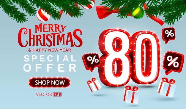 Feliz Navidad 80 por ciento de descuento venta de pancartas y carteles ilustración vectorial