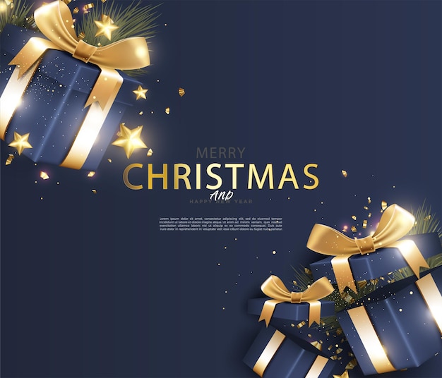 Feliz Navidad con adornos de caja de regalo y brillo brillante.