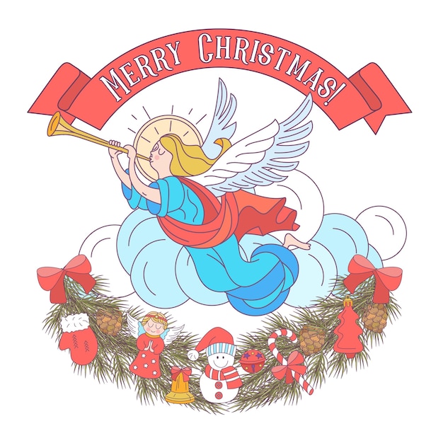 Feliz Navidad. Ángeles tocando trompetas.