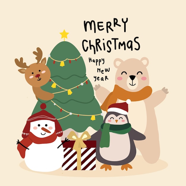feliz navidad animales saludos ilustración plana