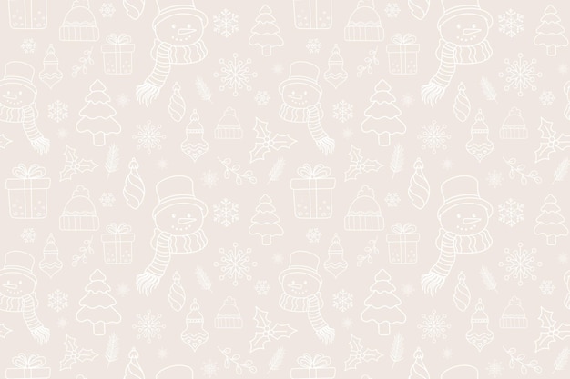 Feliz Navidad y Año Nuevo arte de línea patrón sin costuras con adornos de Navidad blancos iconos en beige