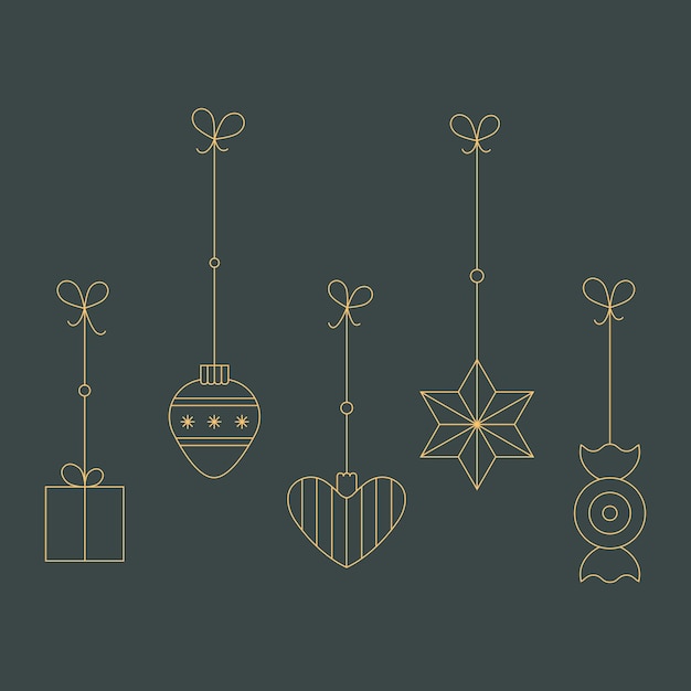Feliz Navidad Año Nuevo bola de juguete vintage estrella con arco diseño plano de línea dorada simple