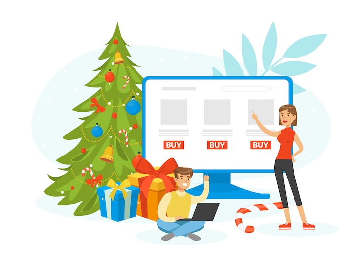 Vector feliz navidad y año nuevo chica de compras en línea que viene por regalos en venta en internet ilustración vectorial de dibujos animados