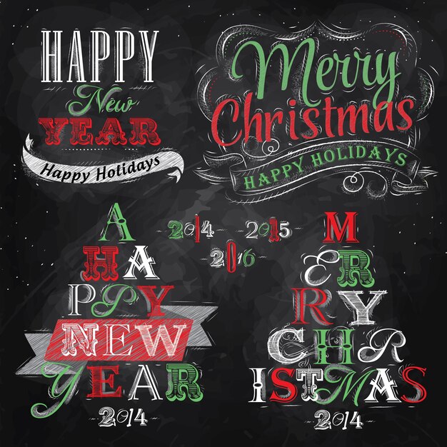 Feliz Navidad y año nuevo colección de letras de dibujo de árbol de Navidad con tiza