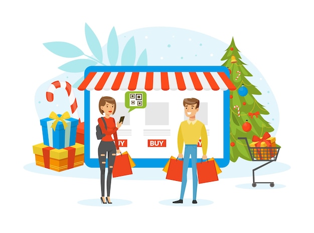 Feliz Navidad y Año Nuevo Compras en línea La gente viene por regalos en venta en Internet Ilustración vectorial de dibujos animados