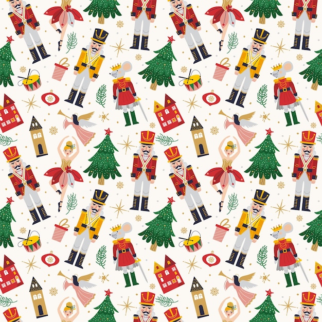Feliz Navidad Año Nuevo conjunto de patrones sin costuras con Ballerina Mouse King y Nutcracker Navidad