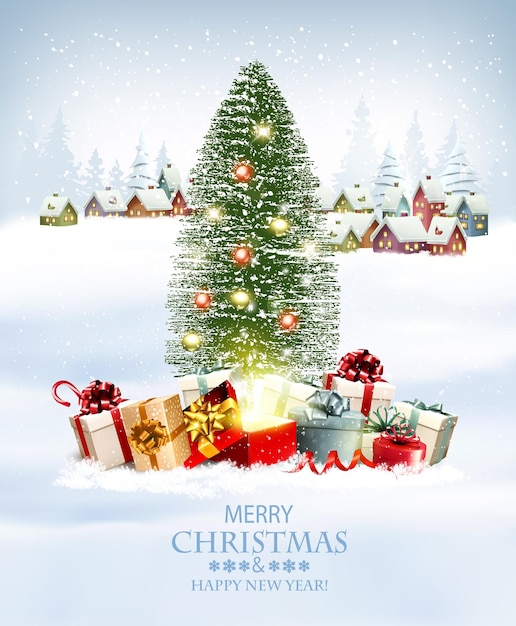 Feliz navidad y año nuevo fondo de vacaciones con regalos, árbol de navidad y pueblo de invierno. vector.