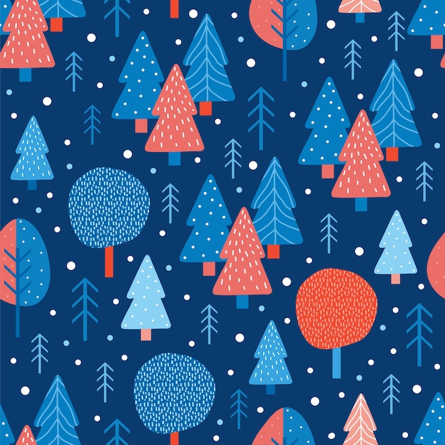 Feliz Navidad y año nuevo de patrones sin fisuras. Fondo de vacaciones con bosque de coníferas de invierno