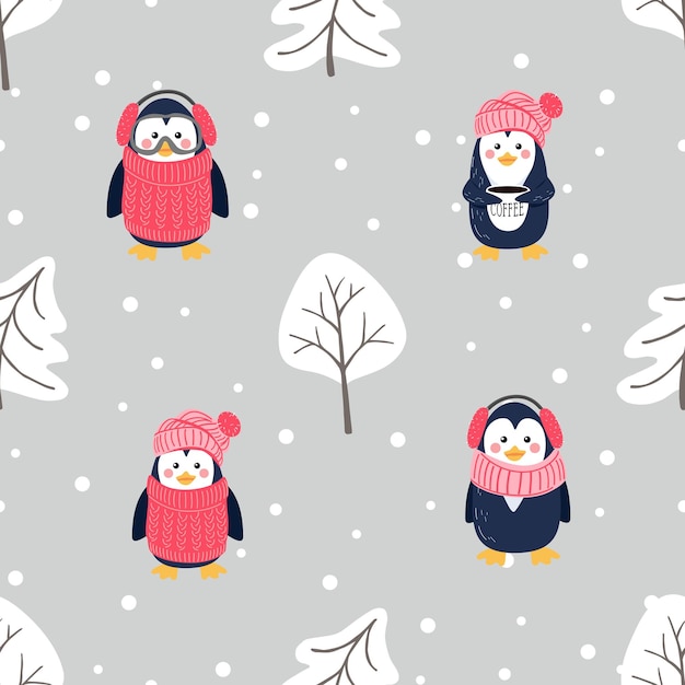 Feliz Navidad año nuevo de patrones sin fisuras con lindos pingüinos de dibujos animados pino y nieve.