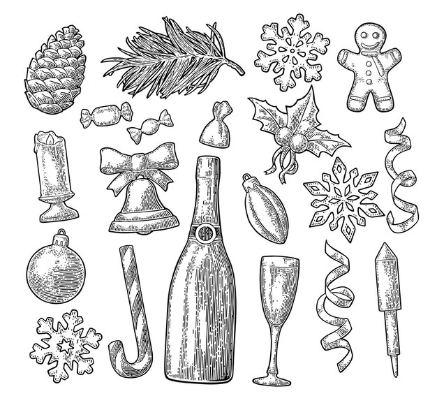 Feliz Navidad y Año Nuevo set Vector vintage color grabado