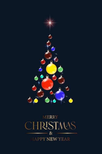 Feliz Navidad y año nuevo vector tarjeta de felicitación con una inscripción de saludo árbol de Navidad con bolas de cristal de colores