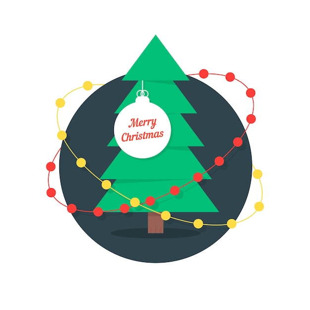Feliz Navidad con árbol de Navidad y guirnaldas. concepto de rama de árbol de piel, plantilla de árbol de Navidad, juguete de tradición. aislado sobre fondo blanco. Ilustración de vector de diseño de logotipo moderno de tendencia de estilo plano