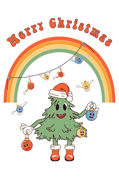 Feliz Navidad atmósfera navideña personaje retro en estilo de dibujos animados moda groovy