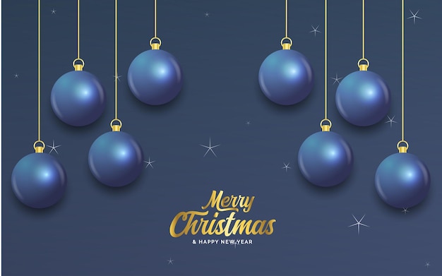 feliz navidad, azul oscuro, bandera, con, bolas, navidad, tarjeta, vector, ilustración
