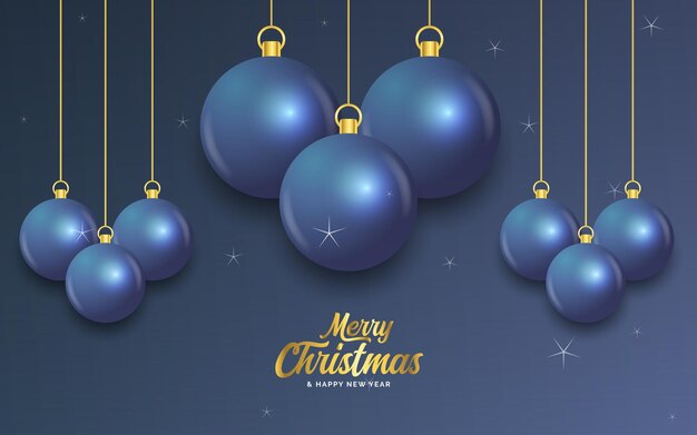 feliz navidad, azul oscuro, bandera, con, bolas, navidad, tarjeta, vector, ilustración