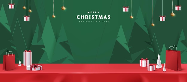 Feliz Navidad banner exhibición de productos de mantel rojo con espacio de copia y caja de regalo decorada