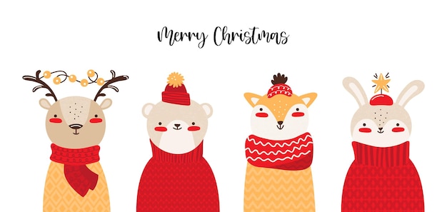 Vector feliz navidad banner horizontal o tarjeta de felicitación lindo bosque bebé animales en ropa de invierno personaje de dibujos animados reno oso liebre zorro en cálido gorro de punto bufanda y suéter ilustración vectorial