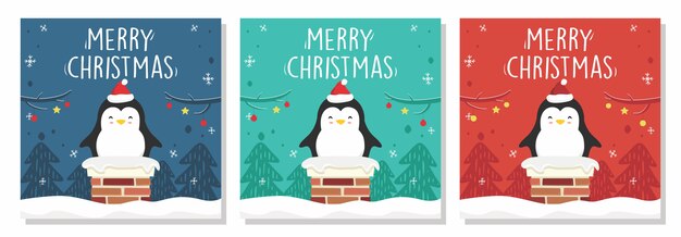 Feliz navidad banner pingüino en chimenea