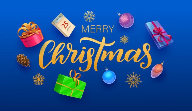 Feliz Navidad banner Vector tarjeta de felicitación con copos de nieve dorados adornos cajas de regalo cono de pino y calendario sobre fondo de rayas azules Letras doradas con decoración navideña festiva y regalos