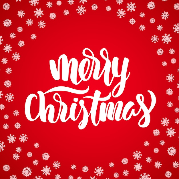 Feliz Navidad blanco elegante cepillo moderno letras sobre fondo rojo de copos de nieve.