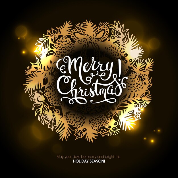 Feliz Navidad boceto dibujado a mano corona fondo de oro Tarjeta de feliz año nuevo Ilustración vectorial