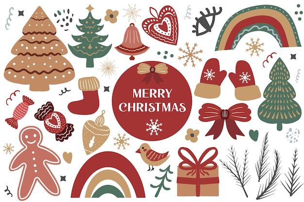 Feliz Navidad Boho establece elementos. Colección de vacaciones bohemias imágenes prediseñadas estilo de dibujo a mano. Pan de jengibre, árbol de Navidad, regalos. Ilustración vectorial.