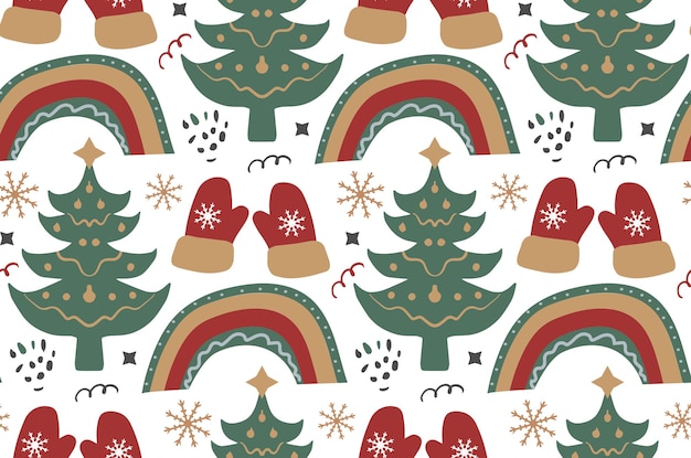 Feliz Navidad Boho de patrones sin fisuras. Vacaciones de invierno bohemias repitiendo textura estilo de dibujo a mano. Pan de jengibre, copos de nieve, árbol de Navidad. Ilustración vectorial.