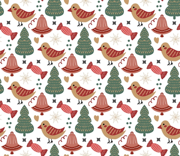 Feliz Navidad Boho de patrones sin fisuras. Vacaciones de invierno bohemias repitiendo textura estilo de dibujo a mano. Pan de jengibre, copos de nieve, árbol de Navidad. Ilustración vectorial.