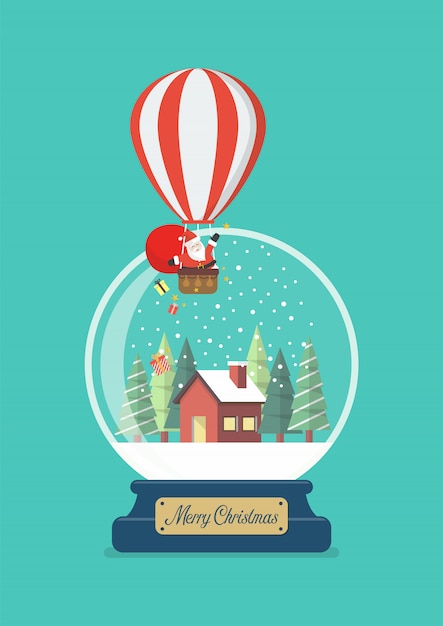 Vector feliz navidad bola de cristal con santa en globo y casa de invierno