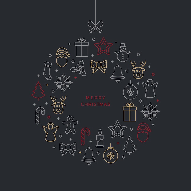 Feliz Navidad bola delgada línea iconos fondo