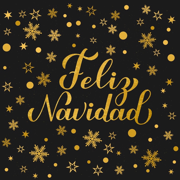 Feliz Navidad brillo texturado letras oro copos de nieve estrellas y puntos en fondo negro Feliz Navidades cartel tipográfico en español plantilla vectorial para tarjetas de felicitación cartel de anuncios cartel postal